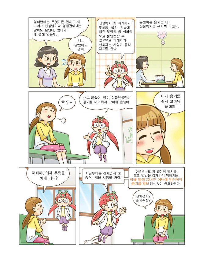 엄마:엄마한테는 무엇이든 말해도 돼. 그리고 선생님이나 경찰관에게는 말해도 된단다. 엄마가 네 곁에 있을께, 해미:진술녹화 시 피해자가 두려움, 불안, 진술에 대한 부담감 등 심리적으로 불안정할 수 있으므로 피해자가 신뢰하는 사람이 동석하도록 한다. 은별이는 용기를 내어 진술녹화를 무사히 마쳤다. 은별:후우- 해미:수고많았어. 많이 힘들었을텐데 용기를 내어줘서 고마워. 은별아. 은별:내게 용기를 줘서 고마워 해미야. 해미야, 이제 무엇을 하게 되니? 해미:지금부터는 신체검사 및 증거수집을 시행할 거야. 성폭력사건의 결정적 단서를 찾고 범인을 검거하기 위해서는 피해발생 72시간 이내에 법의학적 증거를 확보하는 것이 중요한단다. 은별:신체검사?증거수집?