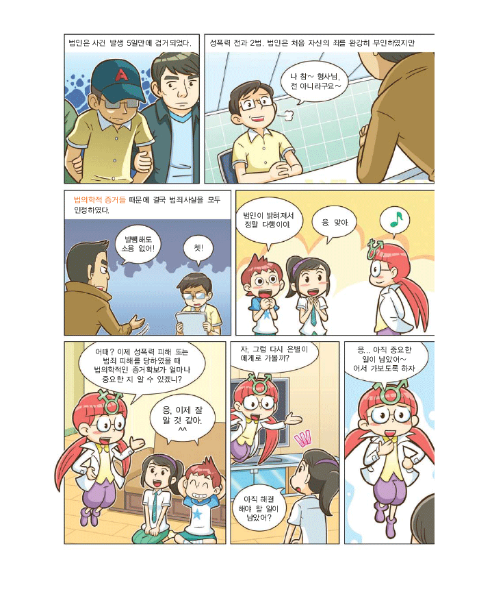 범인은 사건 발생 5일만에 검거되었다 성폭력 전과2범, 범인은 처음 자신의 죄를 완강히 부인하였지만 법의학적 증거들 때문에 결국 범죄사실을 모두 인정하였다. 범인:나 참~ 형사님, 전 아니라구요. 김형사:발뻄해도 소용없어! 범인:쳇! 강백두: 범인이 밝혀져서다행이야.강한라:응. 맞아. 해미:어때? 이제 성폭력 피해 또는 범죄 피해를 당하였을때 법의학적인 증거확보가 얼마나 중요한지 알수 있겠니? 강한라,강백두: 응, 이제 잘 알것같아. 해미: 자, 그럼 다시 은별이에게로 가볼까? 강한라: 아직 해결해야 할 일이 남았어? 해미:응...아직 중요한 일이 남았어. 어서 가보도록 하자