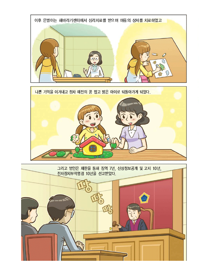 이후 은별이는 해바라기센터에서 심리치료를 받으며 마음의 상처를 치료하였고 나쁜 기억을 이겨내고 점차 예전의 꿈 많고 밝은 아이로 되돌아가게 되었다. 그리고 범인은 재판을 통해 징역7년, 신상정보공개 및 고지 10년, 전자장치부착명령 10년을 선고받았다.