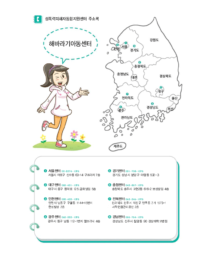 해바라기아동센터 - 1.서울센터 02-3274-1375 서울시마포구 신수동63-14구프라자7층 2. 대구센터053-421-1375 대구시 중구 동덕로 125 금화빌딩 5층 3.인천센터 032-423-1375 인천시 남동구 구월동 1144-15번지 한성빌딩 2층 4. 광주센터 062-232-1375 광주시 동구 남동 112-1번지 웰크리닉 4층  5.경기센터 031-708-1375 경기도 성남시 분당구 야탑동 532-3 6.충청센터043-857-1375 7.전북센터063-246-1375 전라북도 전주시 덕진구 인후동 2가 1673-1 사학연금관리공단 2층 8. 경남센터 055-754-1375 경상남도 진주시 칠암동 90 경상대학교병원