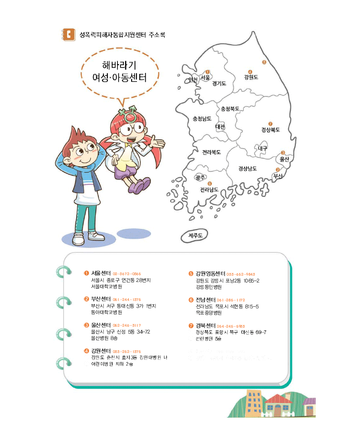 해바라기 여성 아동센터 1.서울센터 02-3672-0365 서울시 종로구 연건동 28번지 서울대학교병원 2.부산센터 061-244-1375 부산시 서구 동대신동 3가 1번지 동아대학교병원 3.울산센터 062-246-3117 울산시 남구 신정 5동 34-72 울산병원 8층  4.강원센터 033-262-1375 강원도 춘천시 효자3동 강원대병원 나 어린이병원 지하2층 5.강원영동센터 033-652-9843 강원도 강릉시 포남2동 1065-2 강릉동인병원 6.전남센터 061-265-1172 전라남도 목포시 석현동 815-5 목포중앙병원 7.경북센터 054-245-5933 경상북도 포항시 북구 대신동 69-7 선린병원 5층