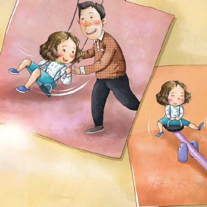 아이에게 그네와 시소를 태워주는 장면