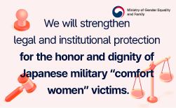(Ministry of Gender Equality and Family) The Path to Great Transformation Created by the PeopleㅣRecovery and Leap Forward, a Year for EveryoneㅣRevision of the Comfort Women Victims Act (Mar. 2026)ㅣProhibits defamation through denial or distortion of victims’ experiencesㅣCriminal penalties may be imposed for spreading false informationㅣWe will strengthen legal and institutional protection for the honor and dignity of Japanese military comfort women victims.