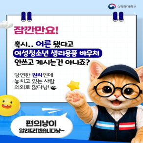 잠깐만요! 혹시.. 어른 됐다고 여성청소년 생리용품 바우처 안쓰고 계시는건 아니죠?  당연한 권리인데 놓치고 있는 사람 의외로 많다냥!  편의냥이 알려드리겠습니다냥~