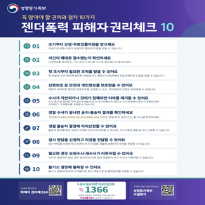 성평등가족부 꼭 알아야 할 권리와 절차 10가지 젠더폭력 피해자권리체크 10 01 초기부터 상담·무료법률지원을 받으세요 지원기관·변호사 등과 상담하여 필요한 도움을 받을 수 있습니다. 02 사건이 제대로 접수됐는지 확인하세요 사건번호를 확인하고, 고소 의사가 있다면 고소로 접수됐는지 확인하세요. 03 첫 조사부터 필요한 조력을 받을 수 있어요 진술은 사건 판단에 중요한 자료입니다. 변호사·신뢰관계인·진술조력인의 도움을 받을 수 있습니다. 04 신변보호 등 안전과 개인정보를 보호받을 수 있어요 위험이 우려되면 필요한 보호조치를 요청할 수 있고, 개인정보와 신원도 보호받을 수 있습니다. 05 수사가 지연되거나 권리가 침해되면 이의를 제기할 수 있어요 수사개시 후 정당한 이유 없이 6개월 이상 수사가 진행되지 않거나, 수사과정에서 권리가 침해된 경우 이의제기 · 구제절차를 이용할 수 있습니다. 06경찰 수사가 끝나면 송치·불송치 결과를 확인하세요 전건송치 성폭력, 가정폭력, 아동·청소년 성범죄, 스토킹 사건은 경찰 송치 의견(기소, 불기소)을 확인하세요 07 경찰불송치 결정에 이의신청할 수 있어요 불송치 통지를 받은 날부터 3개월 이내 이의신청할 수 있으며, 수사기록의 열람·등사도 신청할 수 있습니다. 08 검사 면담을 신청하고 의견을 전달할 수 있어요 검사 면담을 신청하거나 의견서·추가 자료를 제출해 피해자의 의견을 전달할 수 있습니다. 09 필요한 경우 보완수사·재수사가 이루어질 수 있어요 수사가 충분하지 않은 경우 검사의 요구에 따라 경찰에서 추가 수사가 이루어질 수 있습니다. 10 불기소 결정에 불복할 수 있어요 불기소 결정에 동의하기 어렵다면 항고·재정신청 등 불복절차를 이용할 수 있습니다.  자세히 확인하기 피해자 권리체크10  도움이 필요하면 여성긴급전화 1366 성평등가족부는 젠더폭력 피해자를 위한 무료법률지원을 실시하고 있습니다. 가까운 상담·지원기관 찾기 성평등가족부 시설찾기