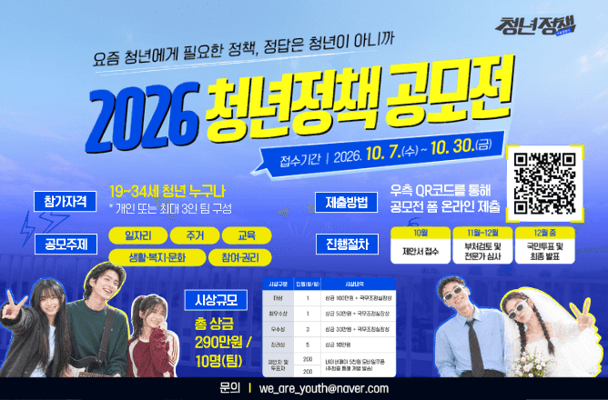 (청년정책 사용설명서) 2026 청년정책 공모전ㅣ요즘 청년에게 필요한 정책, 정답은 청년이 아니까ㅣ접수기간 10.7.(수)ㅡ10.30.(금)ㅣ참가자격ㅣ19~34세 청년 누구나 *개인 또는 최대 3인 팀 구성ㅣ공모 주제ㅣ일자리 주거 교육 생활.복지.문화 참여.권리ㅣ제출방법ㅣ우측 QR코드를 통해 공모전 폼 온라인 제출ㅣ (QR) 2026 청년정책 공모전 URLㅣ진행절차ㅣ10월 제안서 접수ㅣ11월~12월 부처검토 및 전문가 심사ㅣ12월 중ㅣ국민투표 및 최종 발표ㅣ시상규모 총 상금 290만원/10명(팀)ㅣ시상구분ㅣ인원(명/팀)ㅣ시상내역ㅣ대상ㅣ1ㅣ상금 100만원+국무조정실장상ㅣ최우수상ㅣ1ㅣ상금 50만원 + 국무조정실장상ㅣ우수상ㅣ3ㅣ상금 30만원 + 국무조정실장상ㅣ장려상ㅣ5ㅣ상금 10만원ㅣ제안자 및 투표자ㅣ200명ㅣ200팀ㅣ네이버페이 5천원 모바일쿠폰(추첨을 통해 개별 발송)ㅣ문의 we_are_youth@naver.com
